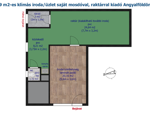 59 m2-es, klímás üzlethelyiség saját raktárral és mosdóval